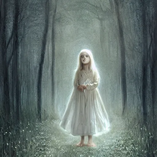 Image similar to a painting of a beautiful little girl in a white dress, white hair, bare foot, pretty symmetrical face, in the middle of a strange forest by Seb McKinnon and WLOP