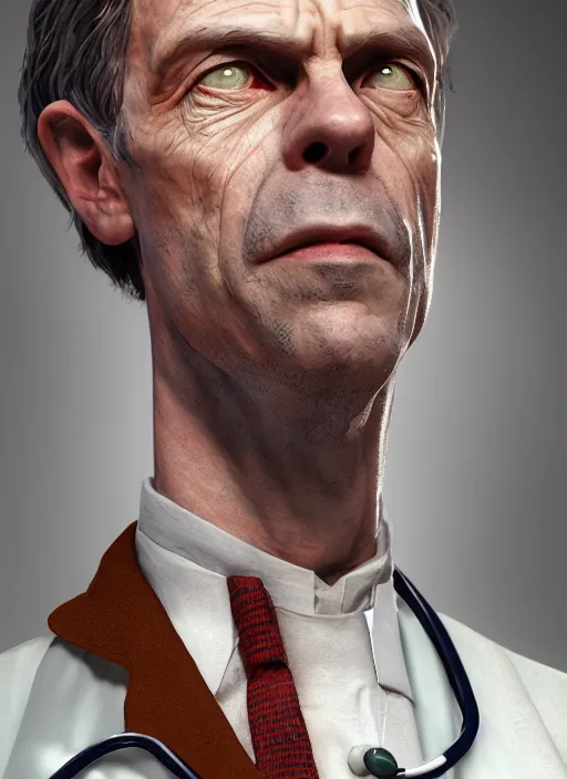 Image similar to portrait of doctor house as doctor who, au naturel, hyper detailed, digital art, trending in artstation, cinematic lighting, studio quality, smooth render, unreal engine 5 rendered, octane rendered, art style by klimt and nixeu and ian sprigger and wlop and krenz cushart.