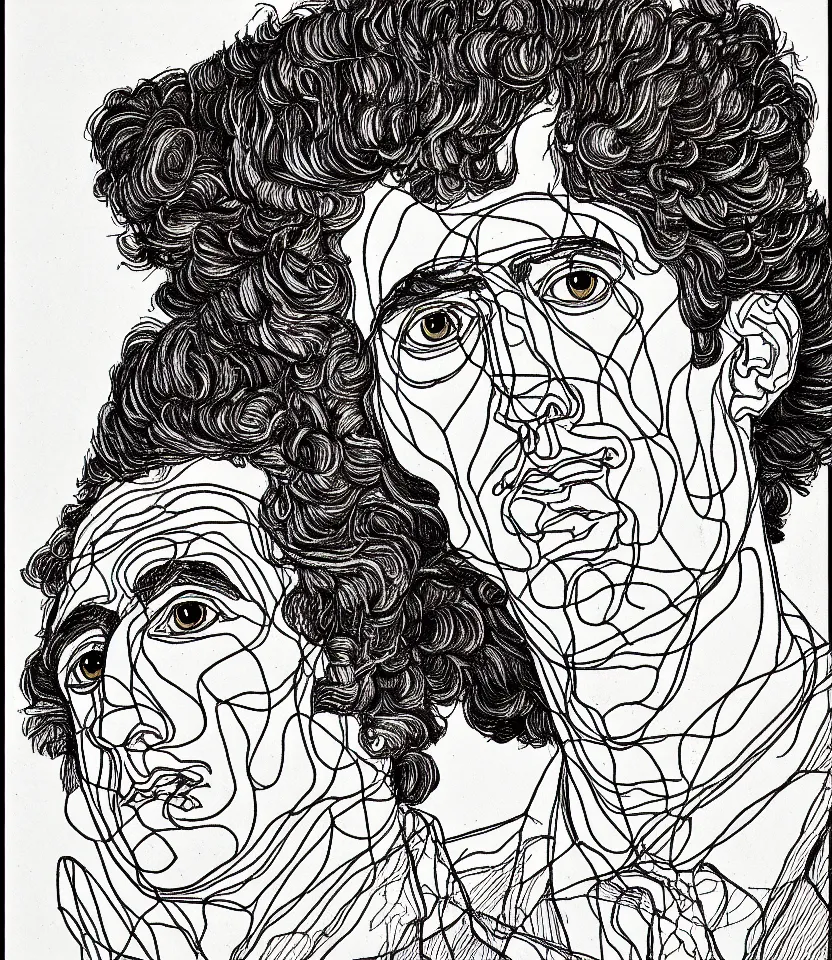 Prompt: detailed line art portrait of goethe, inspired by egon schiele. caricatural, minimalist, bold contour lines, musicality, soft twirls curls and curves, confident personality, raw emotion