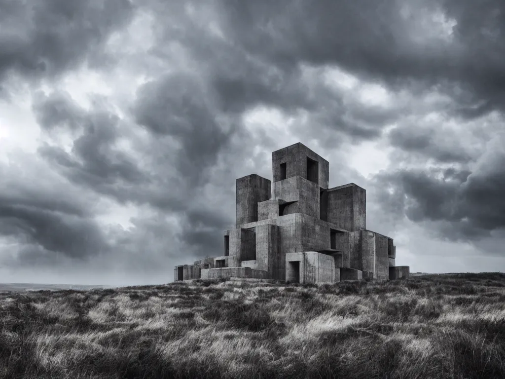 Image similar to photo of a brutalist cathedral built over a hill, in the middle of a storm. realistic clouds that resemble levitating large rocks. impressive, magical, very atmospheric, cinematic, deep, very high complexity, stunning, dramatic masterpiece, iridescent, chiaroscuro, romantic, very detailed. 4 k