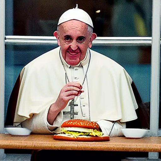 Prompt: the pope eating an hamburger at mcdonald's