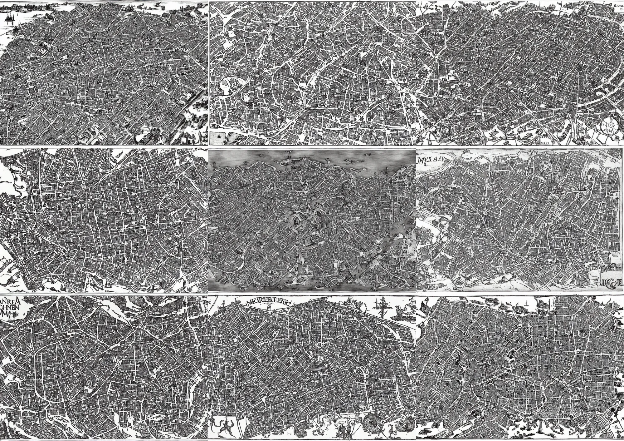 Prompt: medieval city map, lankhmar, waterdeep, dungeons and dragons, black and white, engraving, city walls, towers, port, twisting streets, alleys, market square, fantasy cartography, aerial view, tourist map