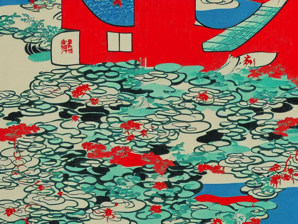 Image similar to close - up image of a japanese red house with a pond, with stormtroopers sitting around it, a combination of pop - art and traditional japanese painting styles, the style of andy warhol, roy lichtenstein and jackie tsai, bright palette, acrylic on canvas