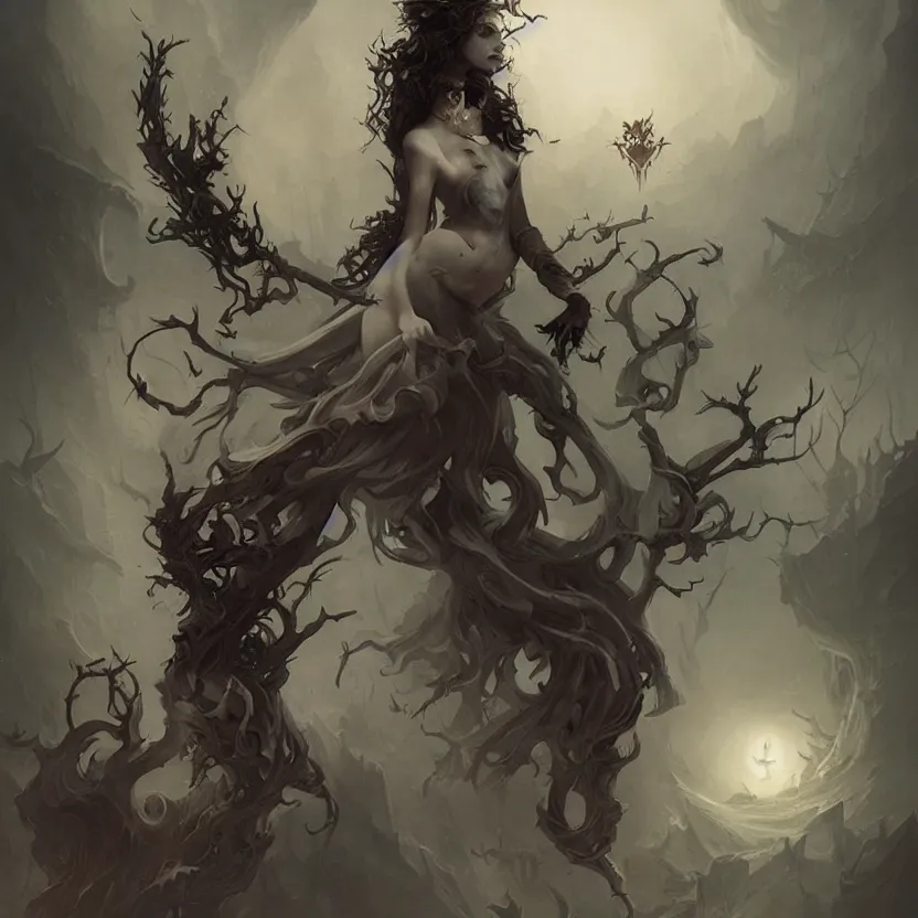 Prompt: stunning Gothic goddess of beauty, mystical, dark and mysterious, atmospheric, ominous, eerie, cinematic, realistic, by Peter Mohrbacher, featured on deviantart, fantasy art