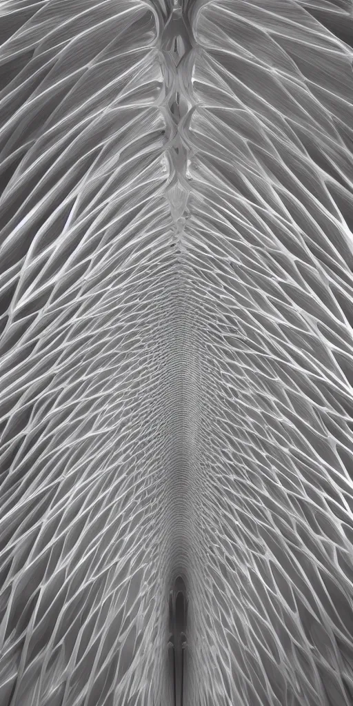 Prompt: awe elegant symetrical highly sophisticated highly intricated generative flow fields curve ornate network translucent wood sagrada familia ceiling continuous landscape flow, dezeen, backlit, zaha hadid, hyper realistic pastel light gray dark gray and white, ultra detailed, parametric architecture, 8k, epic cinematic detailed, 3D