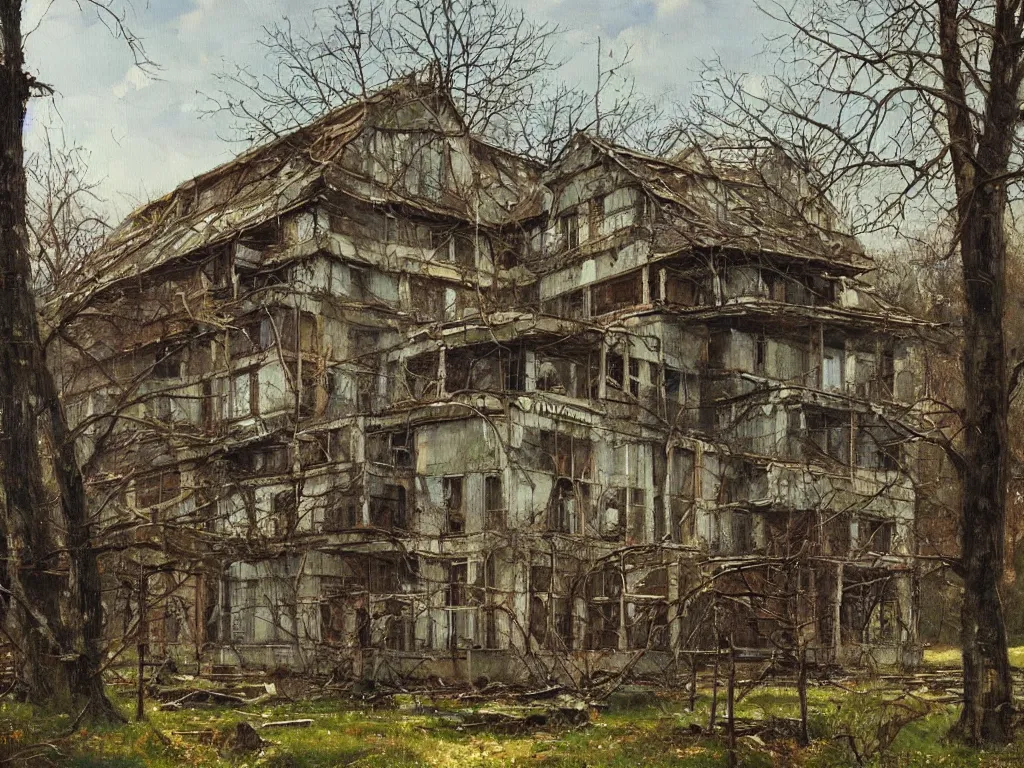 Prompt: A beautiful painting of a dilapidated post-modern building in the wood, by Paul Gustav Fischer, Trending on artstation, very detailed