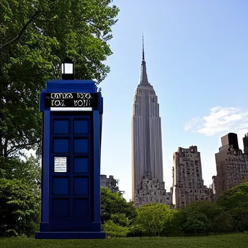 Image similar to a tardis as big as the empire state building towering over central park