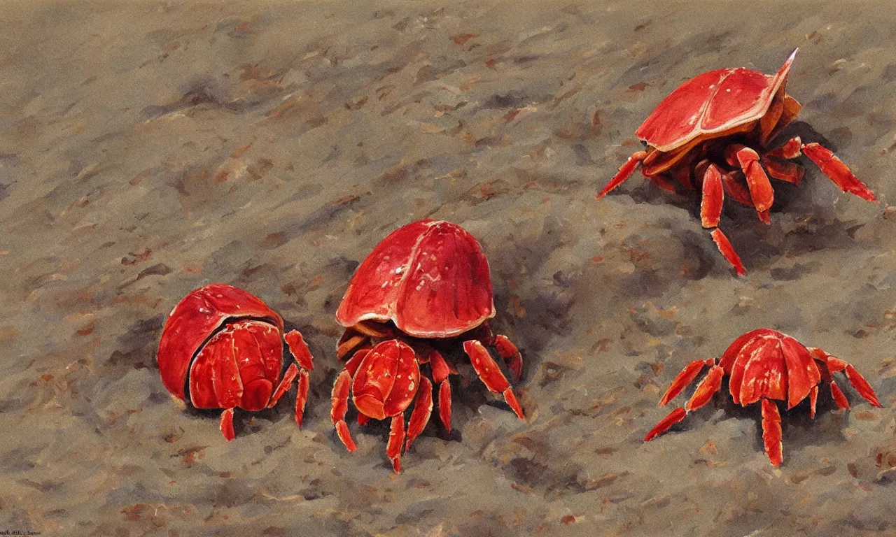 Prompt: a beautiful painting of three red hermit crab on sandy beach, cartoon, american romanticism