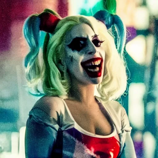 Image similar to film still of Lady Gaga as Harley Quinn in the new Joker movie