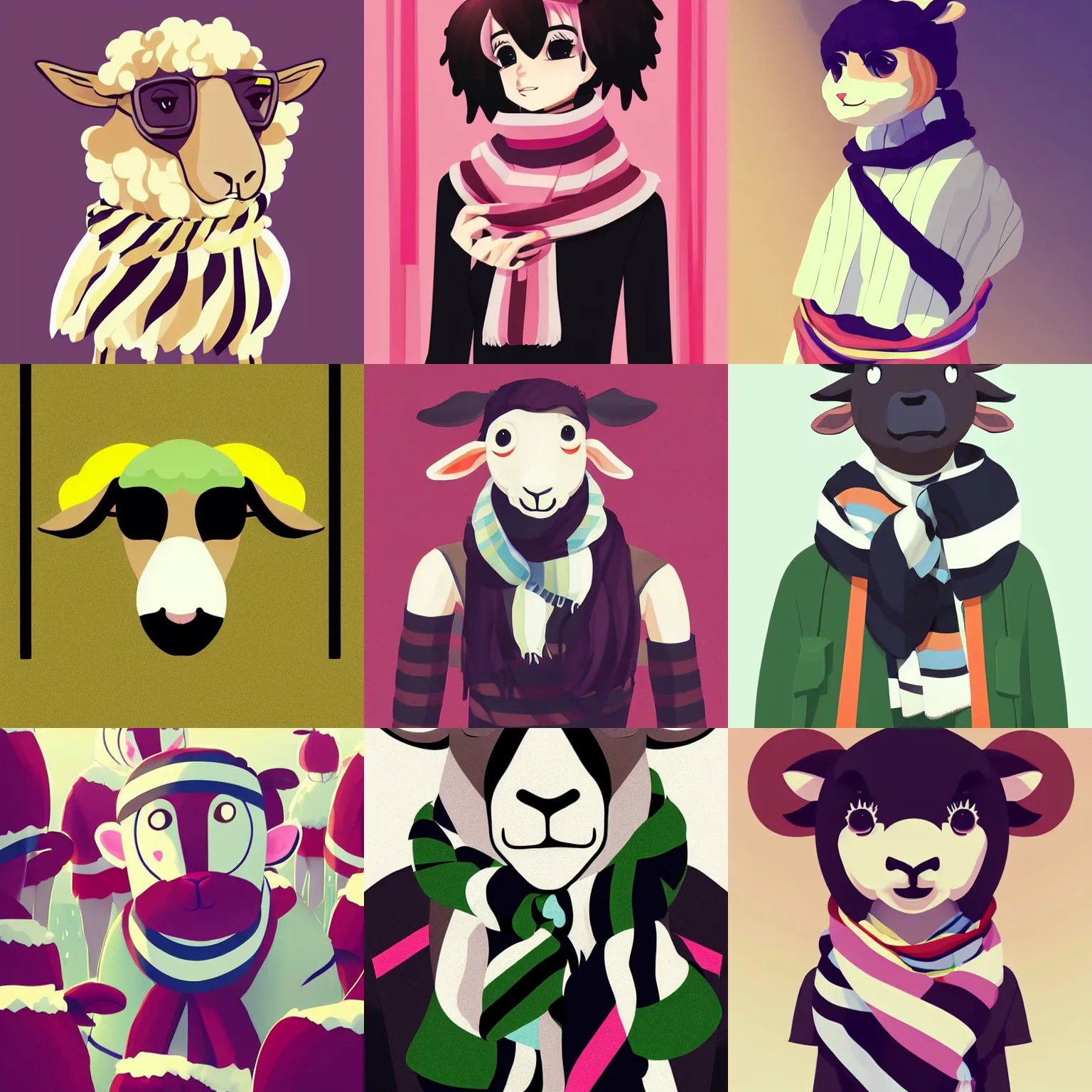 Prompt: sheep fursona wearing a striped scarf. clean cel shaded vector art. minimalist illustration art by lois van baarle, artgerm, helen huang, by makoto shinkai and ilya kuvshinov, rossdraws