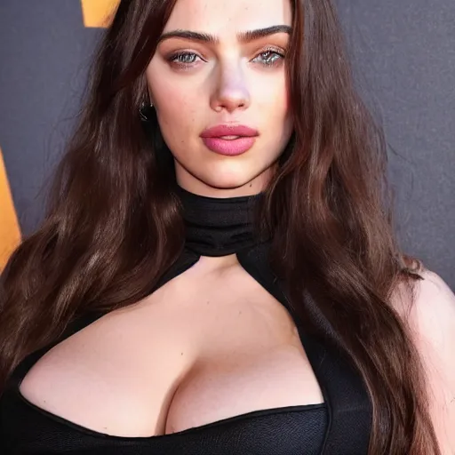 Image similar to a woman who is a genetic combination of kim kardashian and kat dennings and scarlett johansson and margot robbie and emma watson, face and upper - body focus, detailed eyes