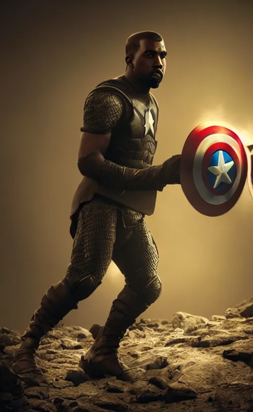 Image similar to Portrait of Kanye West as ((Captain America)) in Skyrim, splash art, movie still, cinematic lighting, dramatic, octane render, long lens, shallow depth of field, bokeh, anamorphic lens flare, 8k, hyper detailed, 35mm film grain