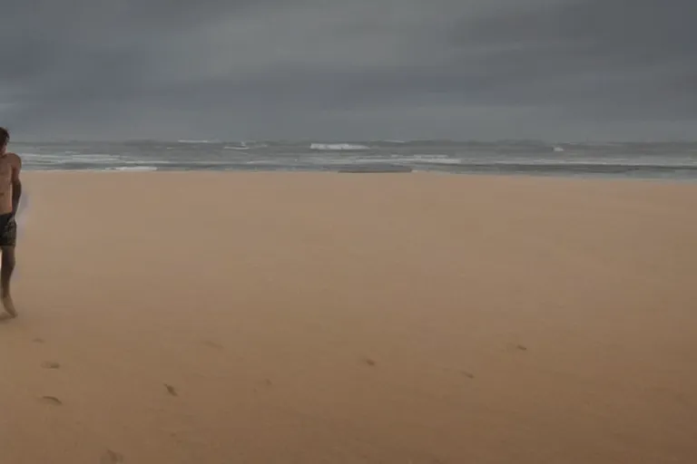 Image similar to a cinematic wide angle shot of a man in his early twenties walking on the sand towards the camera with his head down, sea behind him, in the 2 0 2 1 movie dune, the sand is in the form of a wave, stormy weather, dry, film still, cinematic, dramatic lighting, by zack snyder