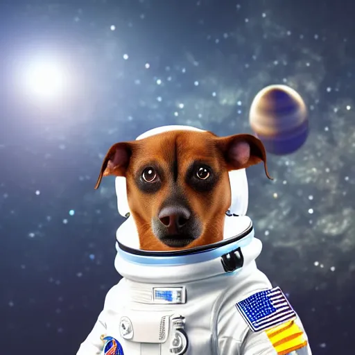 Prompt: dog wearing a space suit floating in outer space, highly detailed, stars in the background, nasa picture, 4 k, octane render, highly realistic photograph