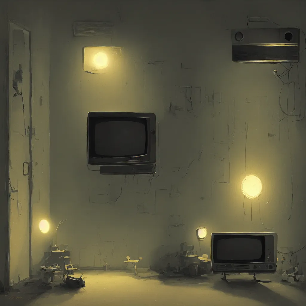 Image similar to a dark black room by night with a vintage tv, the door is nearly closed and thus shines light in a painting from stalenhag, 4 k, 8 k, hdr, artstation, concept art