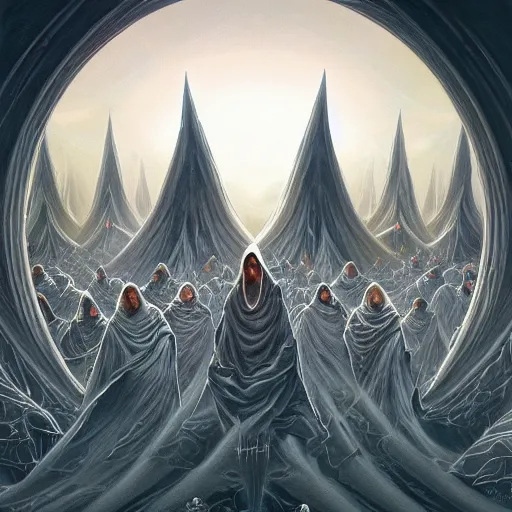 Image similar to a dark cabal of multiple hooded elven mystics in long robes gathered in a circular formation around a quantum computer, advanced technology, dan seagrave, michael whelan art, beautifully detailed epic scifi art, symmetrical, cgsociety, artstation