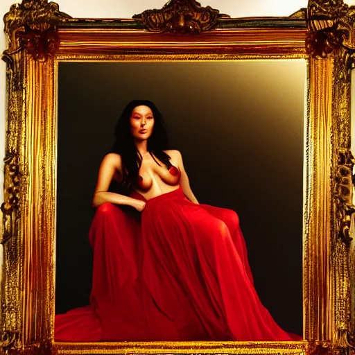 Image similar to Bella Hadid full body laying in a blood red pool of water between a golden mirror frame, outside is space and inside the mirror frame is a beautiful landscape., physically accurate, dynamic lighting, intricate, elegant, highly detailed, very very Roberto Ferri, sharp focus, illustration, art