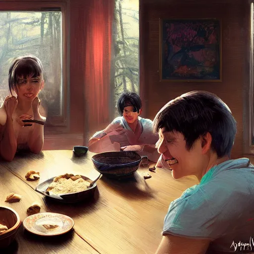 Prompt: a steaming pile of poop on a dinner table, family seated around the table with happy faces, trending on art station, realistic shaded lighting poster by ilya kuvshinov katsuhiro, magali villeneuve, artgerm, jeremy lipkin and michael garmash, rob rey and kentaro miura style