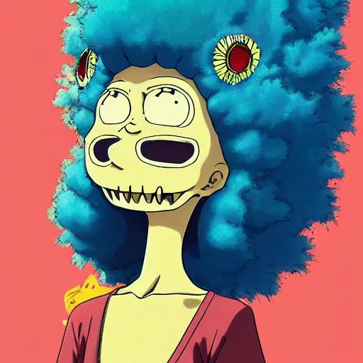 Image similar to manga fine details portrait of joyful skull girl, floeers in hair, marge simpson, skeleton. anime masterpiece by studio ghibli. 8 k render, sharp high quality anime illustration in style of ghibli, artstation