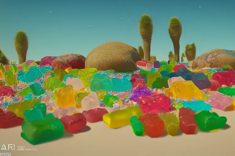 Prompt: desert oasis made of gummy candy, 8 5 mm bright - light photography, hyper detailed octane render, trending on art station