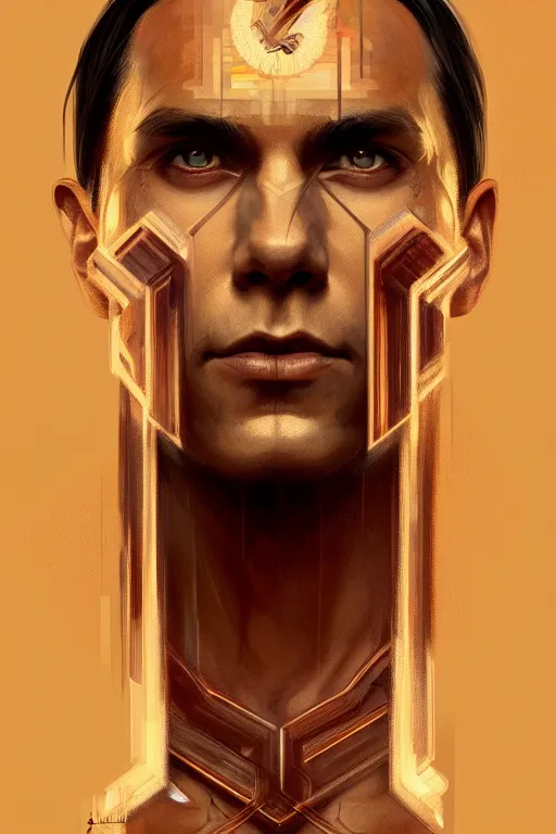 Image similar to symmetry!! portrait of zahn mcclarnon, machine parts embedded into face, intricate, elegant, highly detailed, digital painting, artstation, concept art, smooth, sharp focus, illustration, art by artgerm and greg rutkowski and alphonse mucha, 8 k