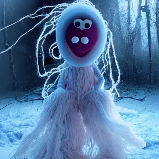 Image similar to humanoid ethereal ghostly live action muppet wraith like figure with a lightbulb jellyfish head with two very long tentacles for arms that flow gracefully at its sides while it floats around the frozen tundra searching for lost souls and that hide in the shadows in the trees, this character can control the ice, snow, shadows, and electricity, it is a real muppet by sesame street, photo realistic, real, realistic, felt, stopmotion, photography, sesame street