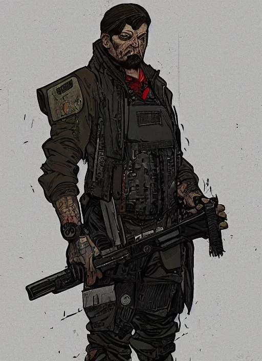 Prompt: ivan. the butcher. cyberpunk assassin in military vest and jumpsuit. portrait by ashley wood and alphonse mucha and laurie greasley and josan gonzalez. illustration, pop art, cinematic. realistic proportions. moody industrial setting. artstationhq