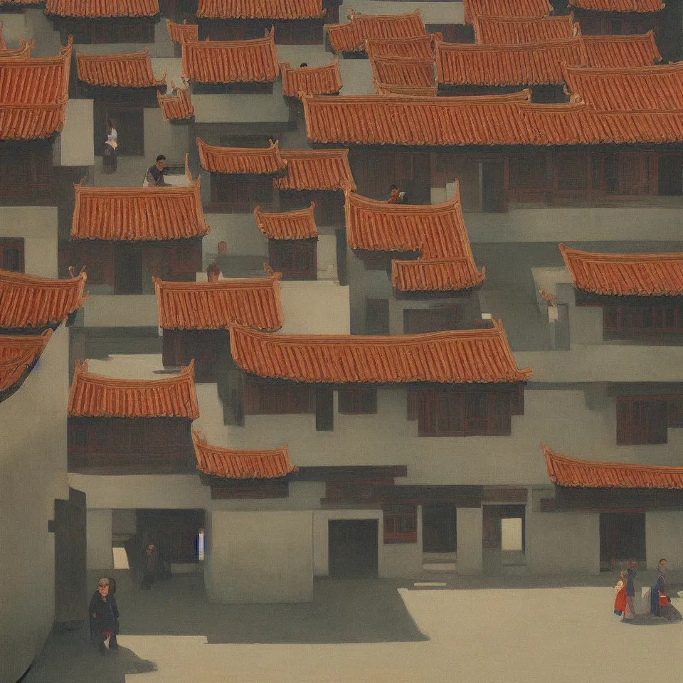 Image similar to a painting of hongcun ancient village houses by edward hopper and nicolas party