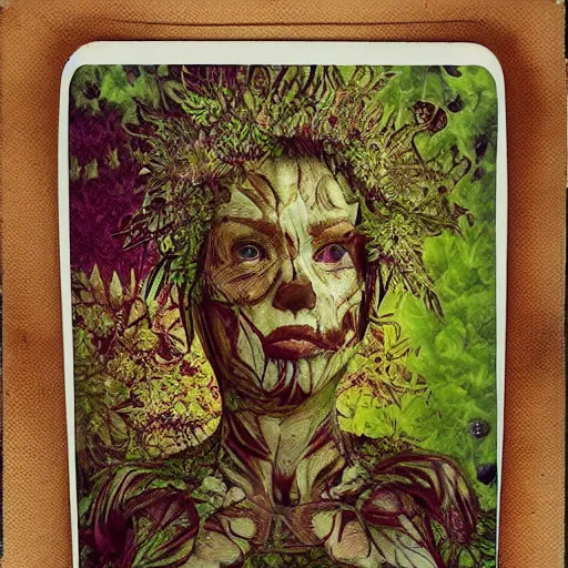 Image similar to a beautiful detailed front view portrait of a rotten woman corpse with fractal plants and fractal flowers growing around, volumetric light, beautiful lit, polaroid photography