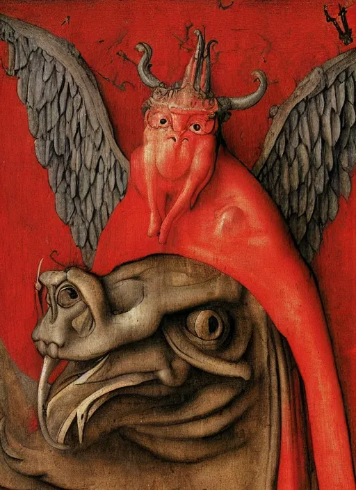 Image similar to red devil Gargoyle, Medieval painting by Jan van Eyck, Hieronymus Bosch, Florence