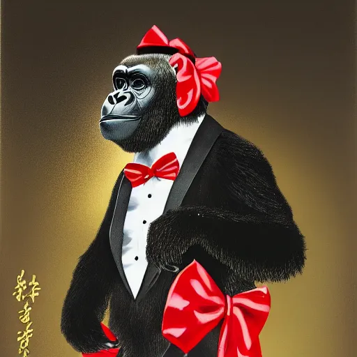 Prompt: a ukiyo style painting of a gorilla wearing a gold chain and wearing shades and wearing a nice black tuxedo wearing a red bow tie, highly detailed, 8 k, concept art,