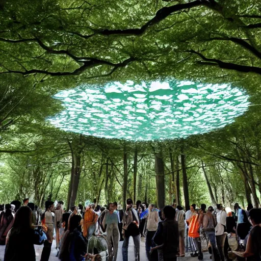 Prompt: composed celadon by hayao miyazaki, by jacob hashimoto. sculpture. a group of people gathered around a large tree in a forest. the tree is surrounded by a bright light, & the people appear to be looking up at it in wonder.