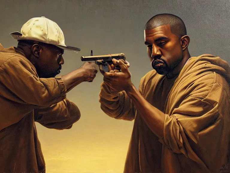 Prompt: a detailed profile oil painting of kanye west pointing a gun to pete davidson, bounty hunter portrait symmetrica, aurora lighting clouds and stars by beksinski carl spitzweg and tuomas korpi. intricate artwork by caravaggio. Trending on artstation. 8k