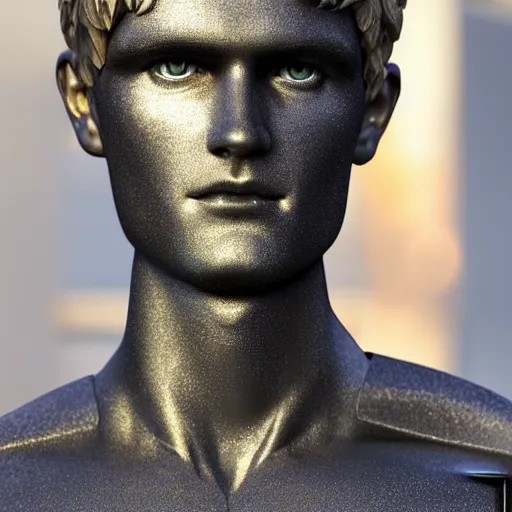 Image similar to a realistic detailed photo of a guy who is an attractive humanoid who is half robot and half humanoid, who is a male android, soccer player martin ødegaard, shiny skin, posing like a statue, blank stare, by the pool, on display, showing off his muscles, humanoid robot, frozen ice statue