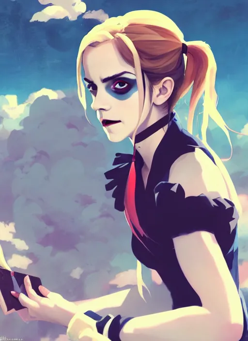 Image similar to portrait of emma watson as harley quinn, cloudy sky background lush landscape illustration concept art anime key visual trending pixiv fanbox by wlop and greg rutkowski and makoto shinkai and studio ghibli