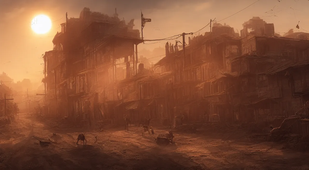 Prompt: A run down western town, during the times of the wild west, cobwebs, rotted wood, sun setting in the background, dusty clouds, hyperdetailed, artstation, cgsociety, 8k