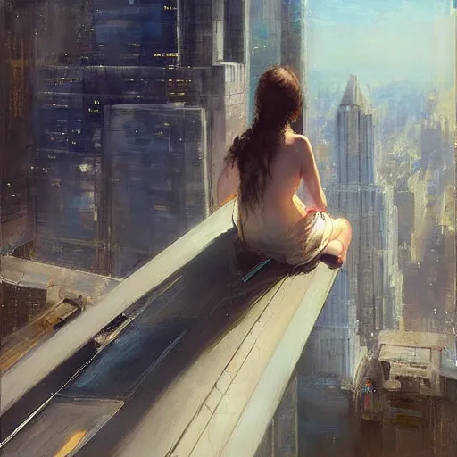 Image similar to “ girl sitting on a roof looking down at a futuristic new york city below, extremely detailed, by daniel gerhartz ”