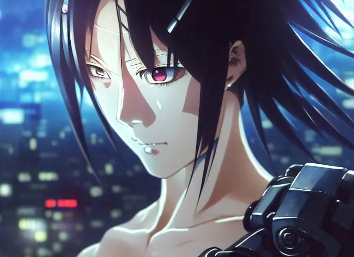 Image similar to a anime portrait of a cyborg woman, finely detailed features, closeup at the face, sharp focus, aesthetically pleasing art, night time city background, cinematic lighting, highly detailed, intricate, smooth, anime!! artstation, trending on pixiv fanbox, painted by greg rutkowski and studio ghibli and yoji shinkawa and hayao miyazaki,