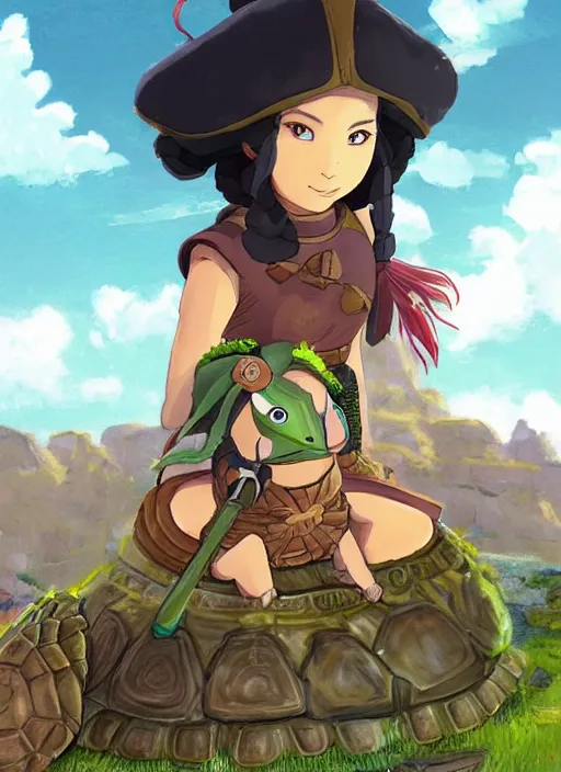 Image similar to portrait of a little warrior girl character sitting on top of a giant armored turtle in the desert, studio ghibli epic character with dark skin and beautiful green eyes. the girl has a very beautiful detailed symmetrical face, long black hair, the turtle has a big smiling face and closed eyes, bright colors, diffuse light, dramatic landscape, fantasy illustration