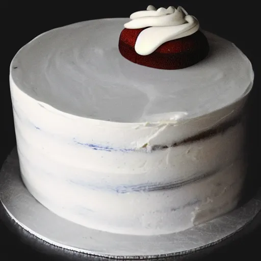 Image similar to of a cake with vanilla frosting which hides the face of kate mara, 4 k, hyperdetailed, photorealism