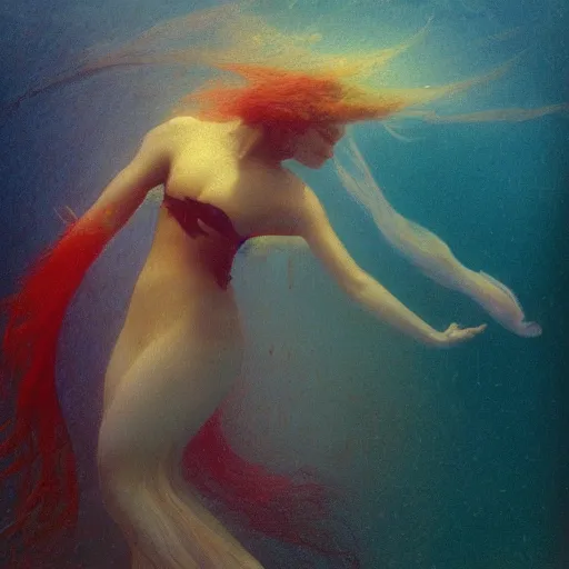 Image similar to woman underwater photography with a long flowing dress, flowing hair, burnt skin, and different colored multi-colored eyes by Ivan Aivazovsky and Odilon Redon, award winning, epic, cosmic, dreamy, underwater