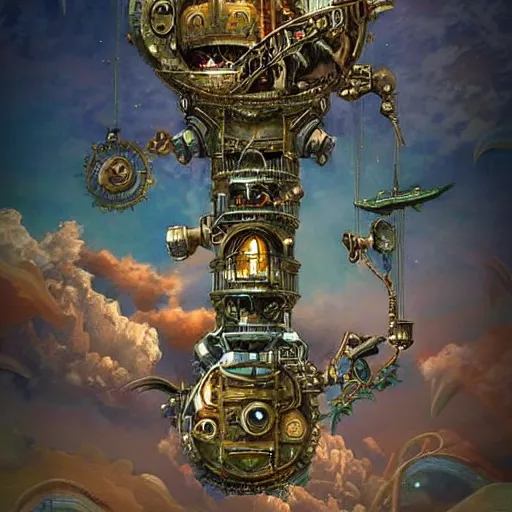 Image similar to flying! city in a mechanical flower, sky!, fantasy art, steampunk, masterpiece