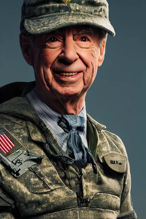 Prompt: mr. rogers in military gear looking tough and threatening, intricate, hyper detailed, accent lighting, dramatic light, 4 k octane render