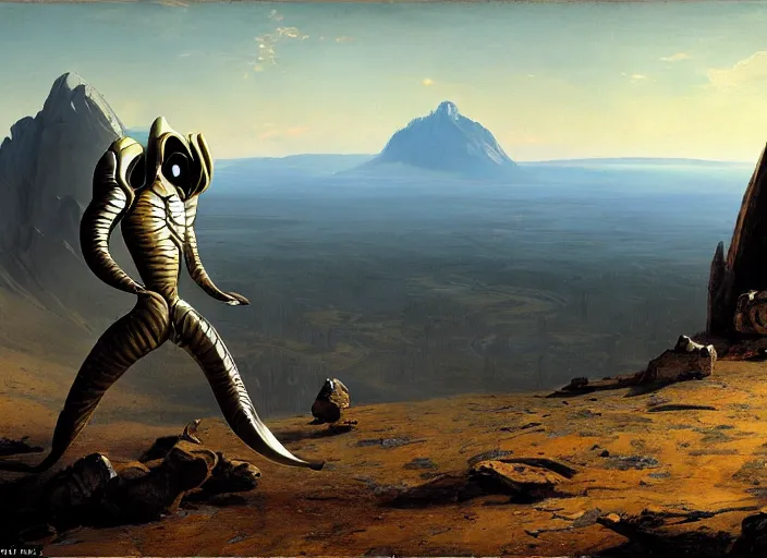 Image similar to an alien pangolin in white and gold scaled armor standig on a mountain on an alien planet, matte painting, by isaac levitan and asher brown durand,