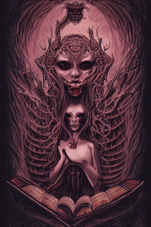 Image similar to ai illustration of demoness and her book of necronomicon, symmetrical, cinematic, sharp focus, 4 k, ultra hd, sense of awe, sinister demonic atmosphere, dreadful, forbidden knowledge, old gods. demonology journal cover