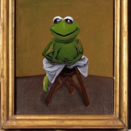 Image similar to portrait of Kermit the frog sitting on a stool, 1700s oil painting, antique