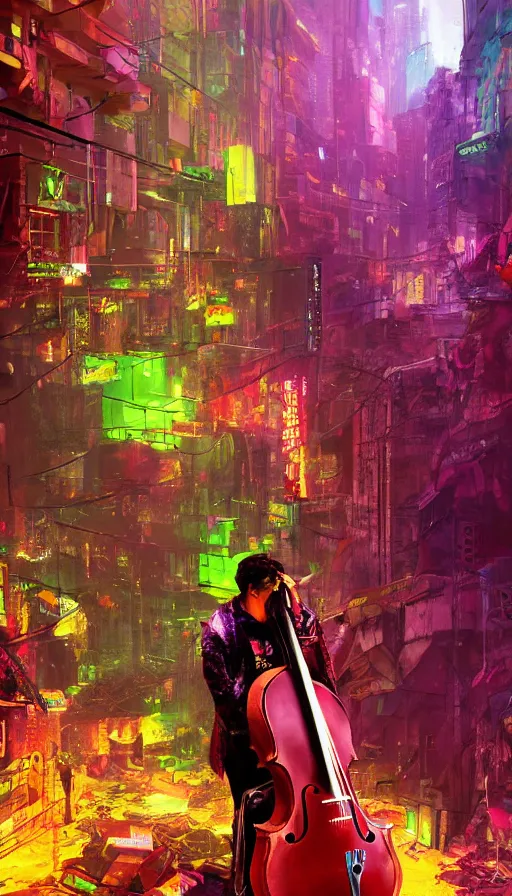 Image similar to a cellist playing in the rubble of a fallen cyberpunk city looming above him, neon color scheme, beautifully lit, concept art, sharp focus, a digital illustration by sam spratt and salvidor dali