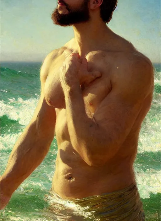 Prompt: detailed cinematic wide shot of muscular attractive young cuban man beard slim face symmetrical face tanskin green eyes white hair wearing sea clothes, ultra realistic, spring light, painting by gaston bussiere, craig mullins, j. c. leyendecker