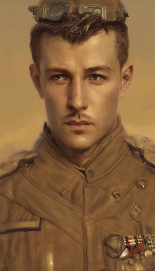 Prompt: Portrait of a WWI pilot, male, detailed face, 20th century, highly detailed, cinematic lighting, digital art painting by greg rutkowski