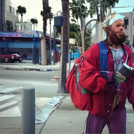 Prompt: a candid photo of Captain Planet homeless and looking for handouts on the streets of LA